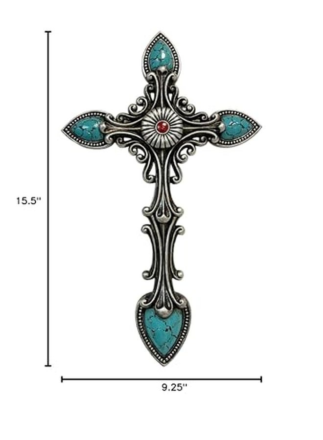 De Leon Collections 14230 Vintage Ornate Antique Turquoise and Silver Tone 15.5 Inch Polyresin Southwestern Decorative Home Décor Hanging Sculpture Wall Cross - Image 2